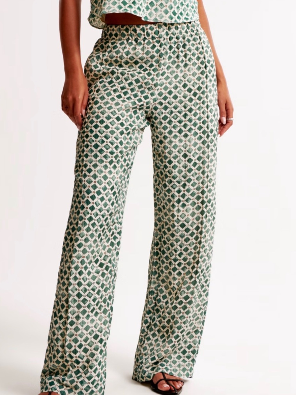 Abercrombie Fitch Geometric Crinkle Textured Wide Leg Pull On Pants XL Green